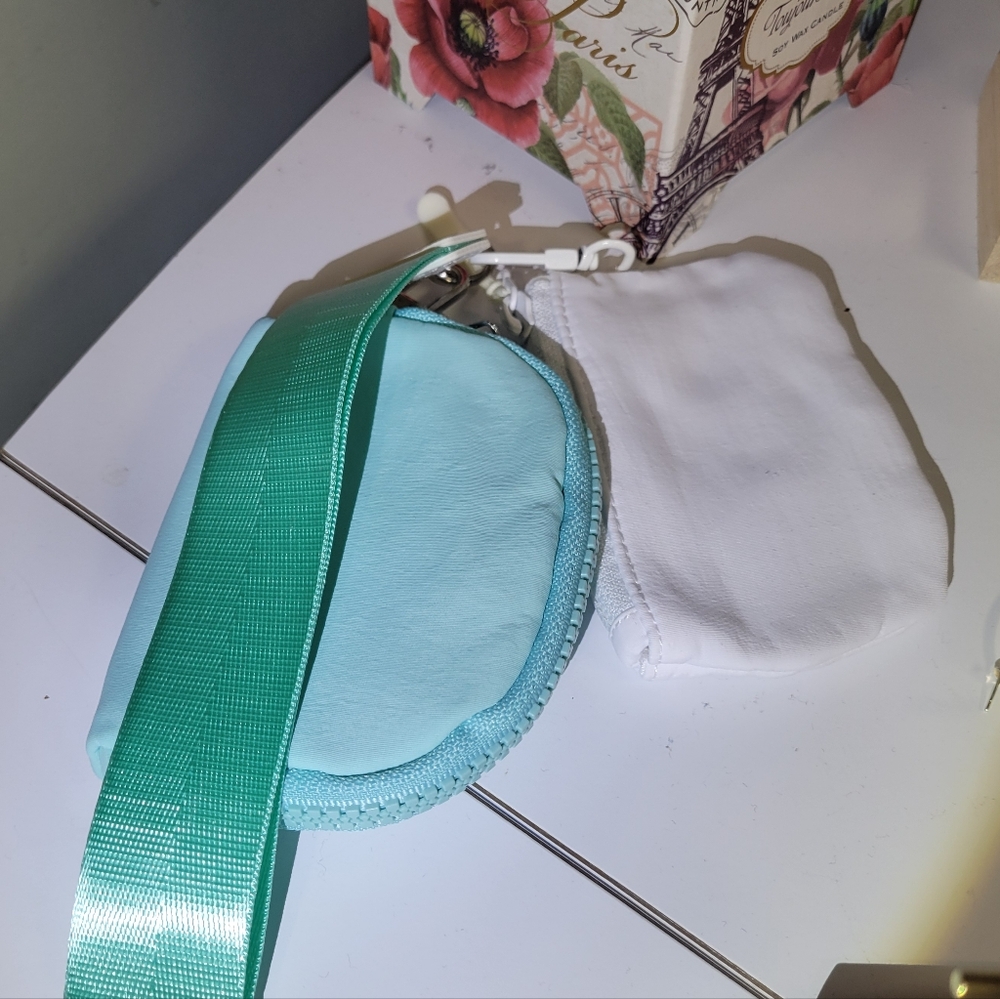 Double Wristlet Mint Green & White Mini Pouch Set With Wrist Lanyard